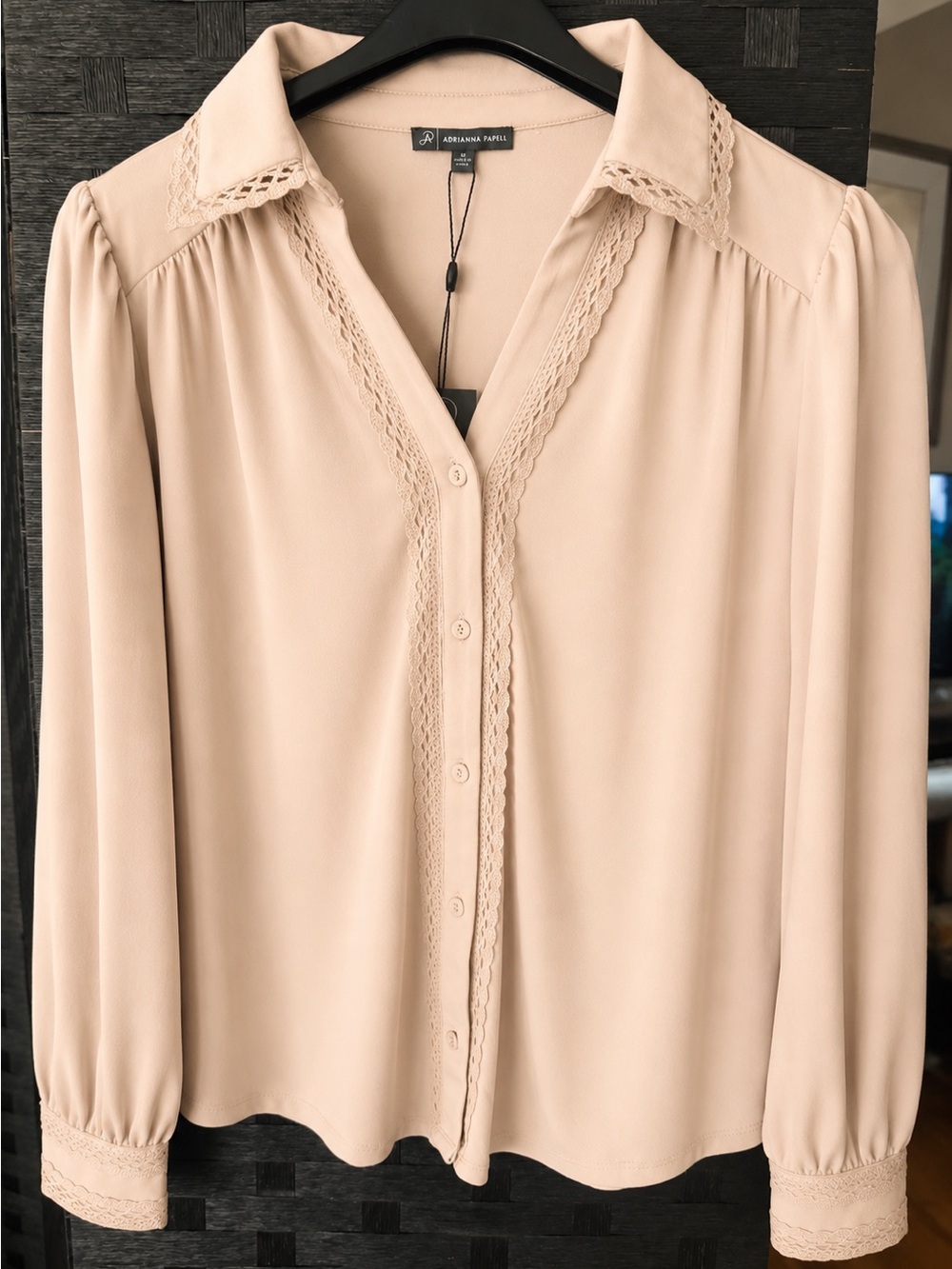Adrianna Papell Lace Trim Blouse Dusty Taupe Size M NWT $79